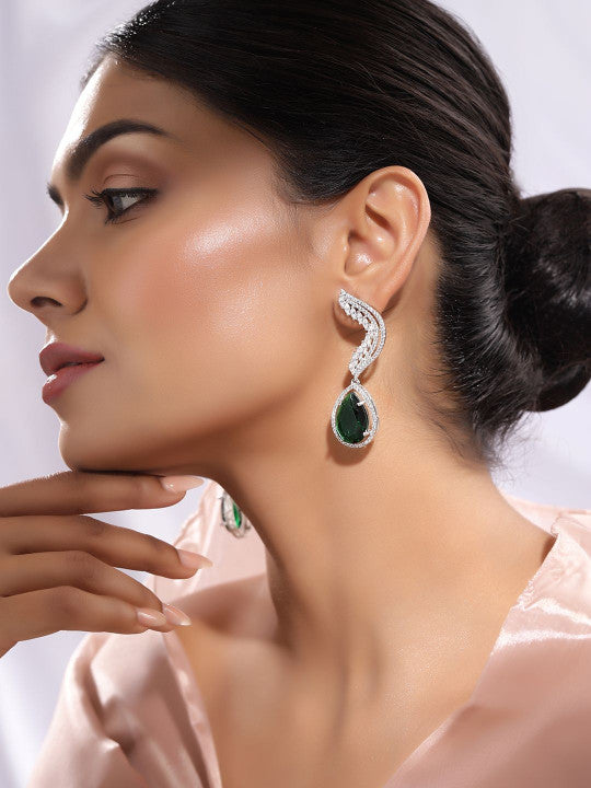Ishin Green Colour Silver Plated American Diamond Drop Earring