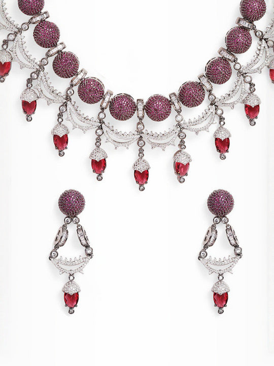 Ishin Pink  Colour Silver Plated American Diamond Jewellery Set