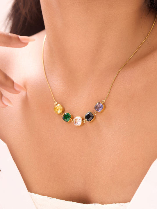 Ishin Multi  Colour Gold Plated Artificial Stones And Beads Chain