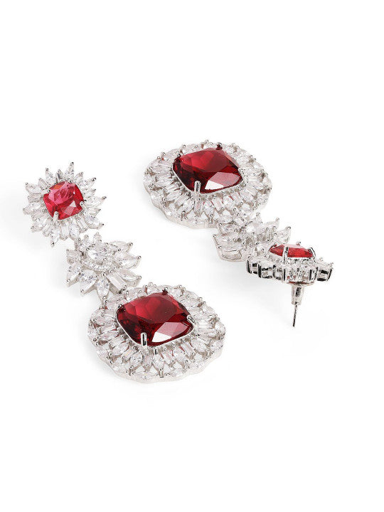 Ishin Red Colour Silver Plated American Diamond Drop Earring