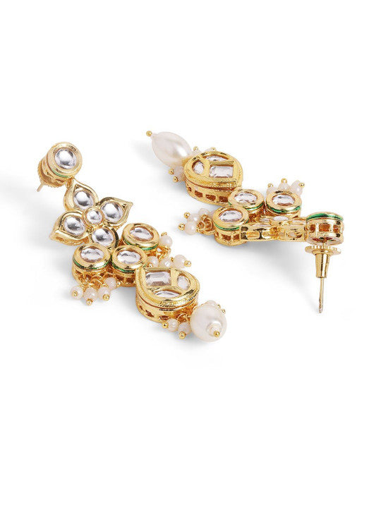 Ishin White Colour Gold plated Kundan with pearl Drop Earring