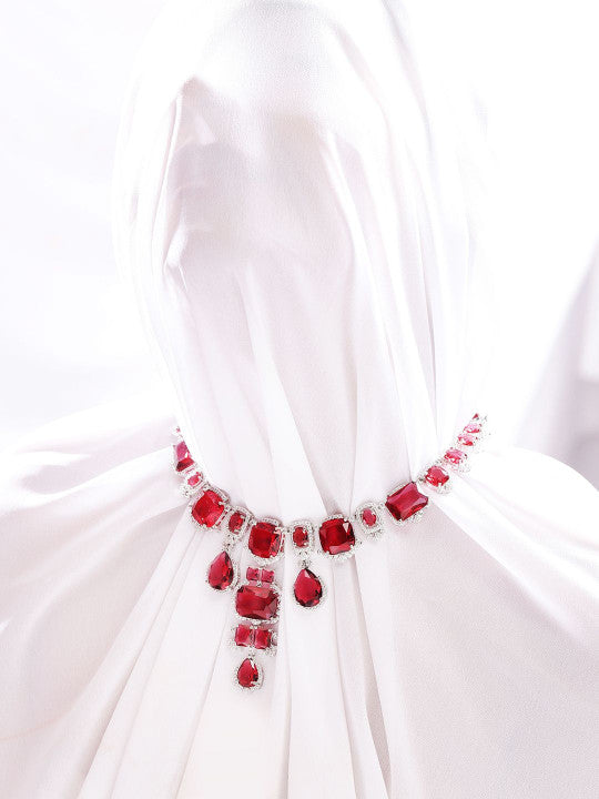 Ishin Red  Colour Silver Plated American Diamond Jewellery Set