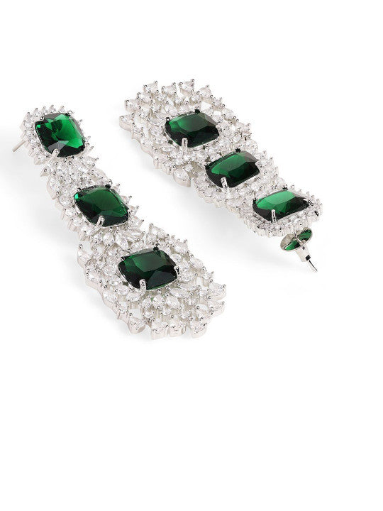 Ishin Green Colour Silver Plated American Diamond Drop Earring