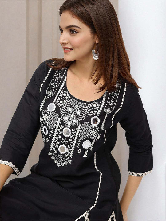 Ishin Women Black Roman Silk 2Pcs Kurta Set