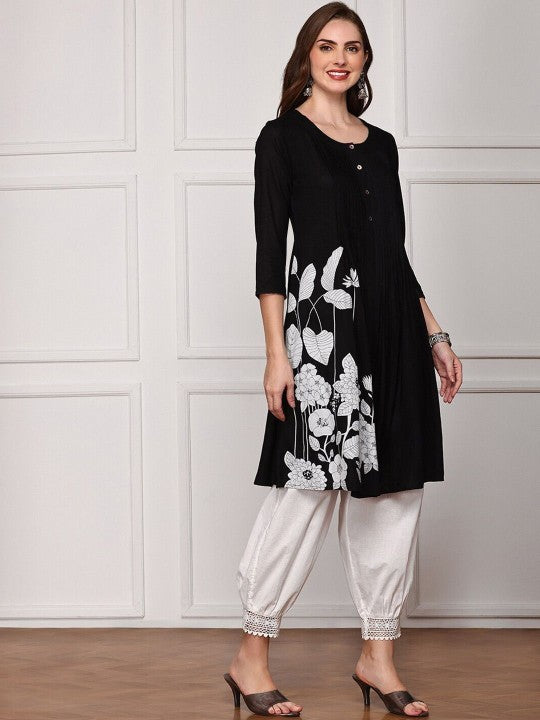 Comfy Black Viscose Rayon Floral Printed Aline Fit Kurta
