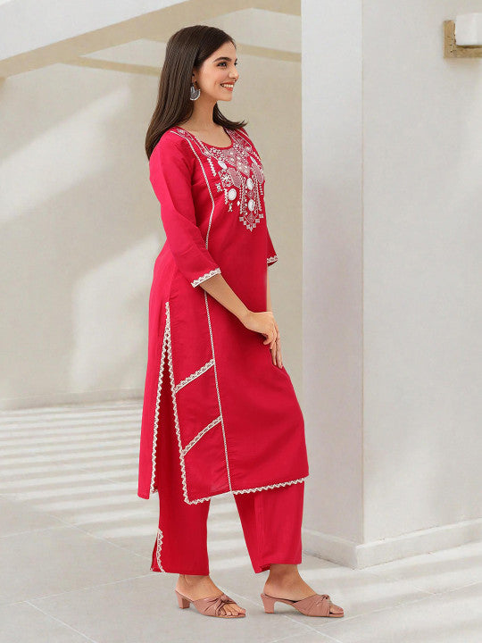 Ishin Women Pink Roman Silk 2Pcs Kurta Set