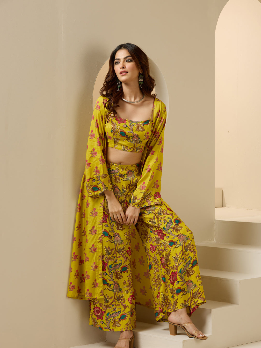 Soft Yellow Polyester Printed Relaxed Fit Co-Ord Set With Palazzo Bottom