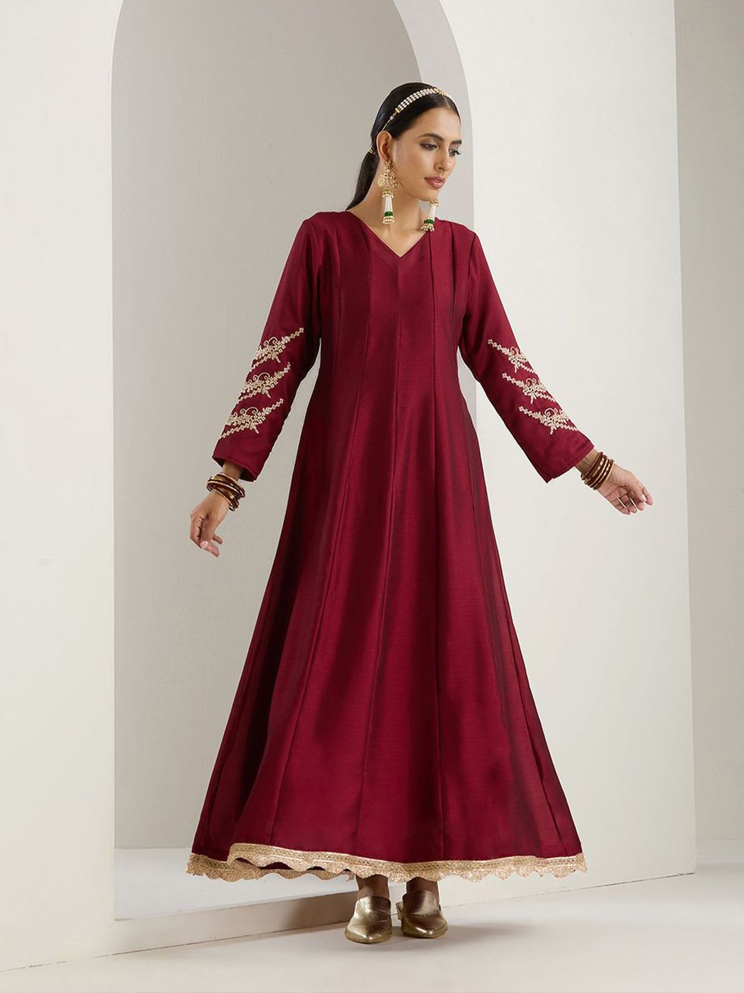 Rich Blended Burgundy Zari Embroidered Anarkali Dress With Brocade Dupatta And Latkhans