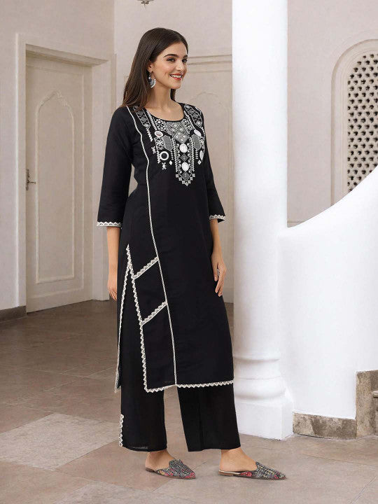 Ishin Women Black Roman Silk 2Pcs Kurta Set