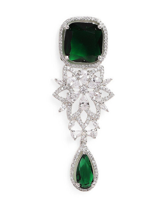 Ishin Green Colour Silver Plated American Diamond Drop Earring