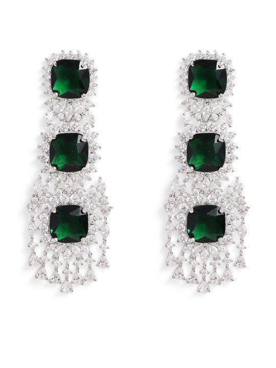 Ishin Green Colour Silver Plated American Diamond Drop Earring