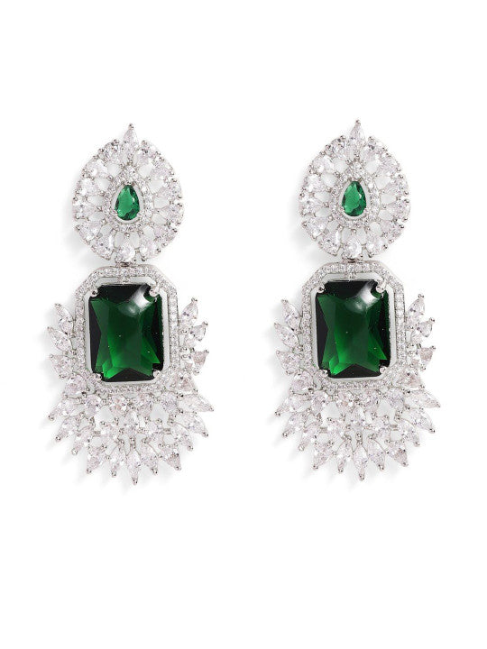 Ishin Green Colour Silver Plated American Diamond Drop Earring