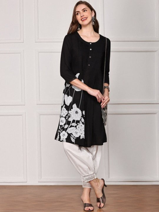 Comfy Black Viscose Rayon Floral Printed Aline Fit Kurta