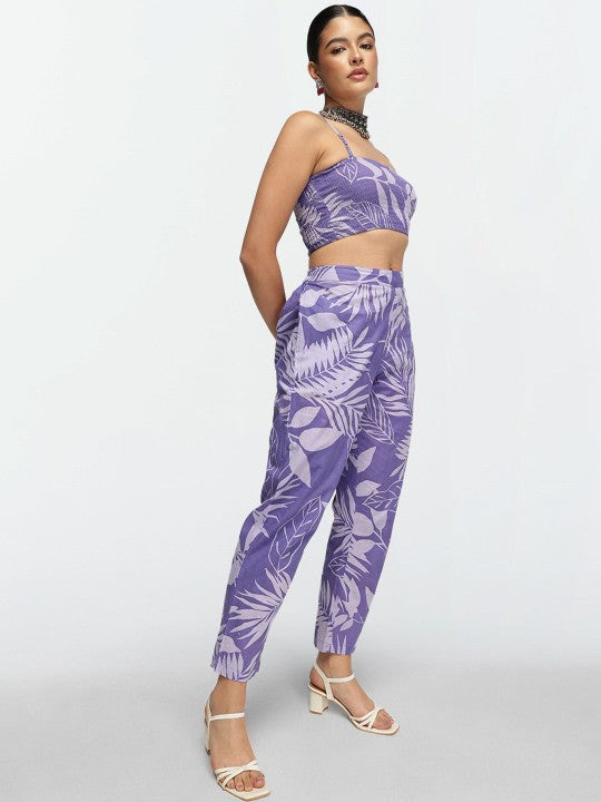 Comfy Purple Cotton Printed Regular Fit Co-Ords With Lapel Collar
