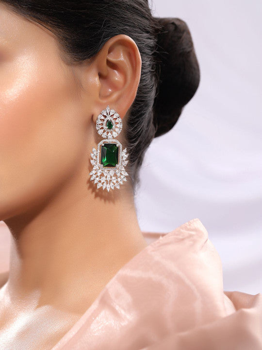 Ishin Green Colour Silver Plated American Diamond Drop Earring