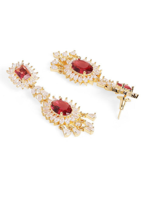Ishin Red Colour Gold Plated American Diamond Drop Earring