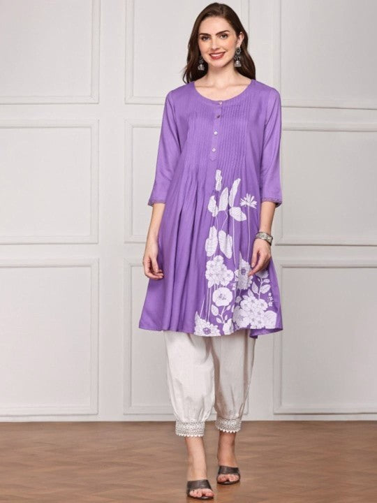 Comfy Lavender Viscose Rayon Floral Printed Aline Fit Kurta