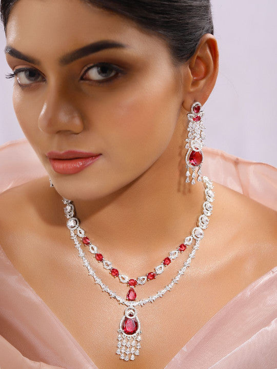 Ishin Red  Colour Silver Plated American Diamond Jewellery Set