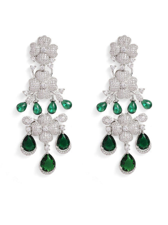 Ishin Green Colour Silver Plated American Diamond Drop Earring