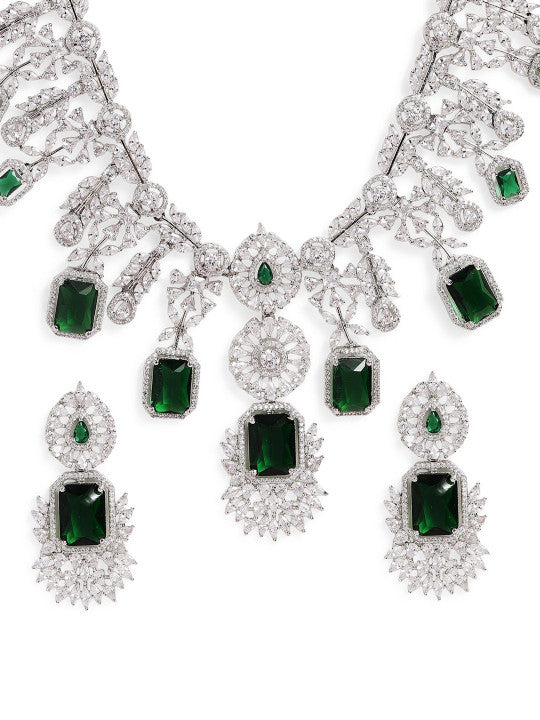 Ishin Green  Colour Silver Plated American Diamond Jewellery Set