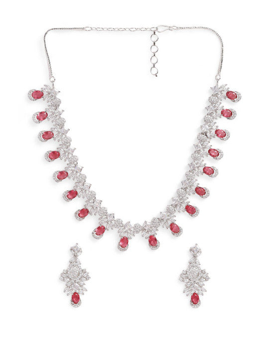Ishin Pink  Colour Silver Plated American Diamond Jewellery Set