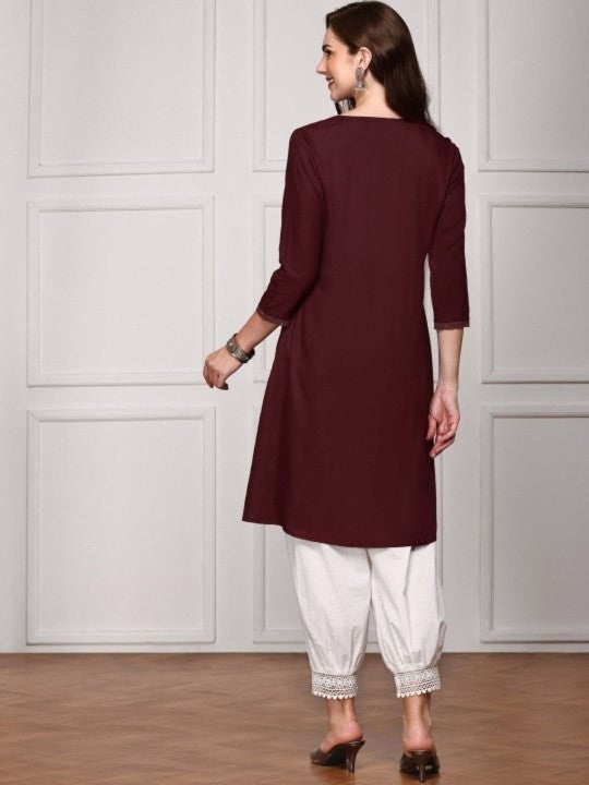 Comfy Maroon Viscose Rayon Floral Printed Aline Fit Kurta