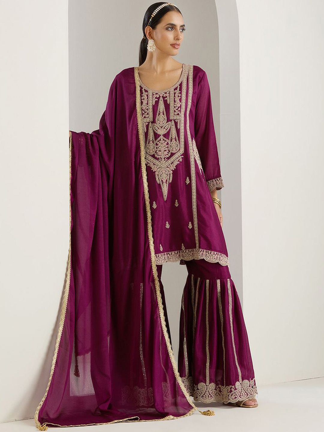 Rich Purple Chinon Zari Embroidered Kurta Set With Sharara Bottom And Silk Blend Tassel Dupatta