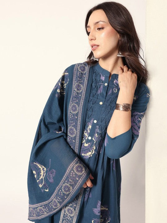 Comfy Blue Cotton Floral Printed Aline Fit Kurta Set With Dupatta