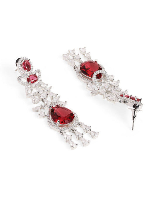 Ishin Red Colour Silver Plated American Diamond Drop Earring
