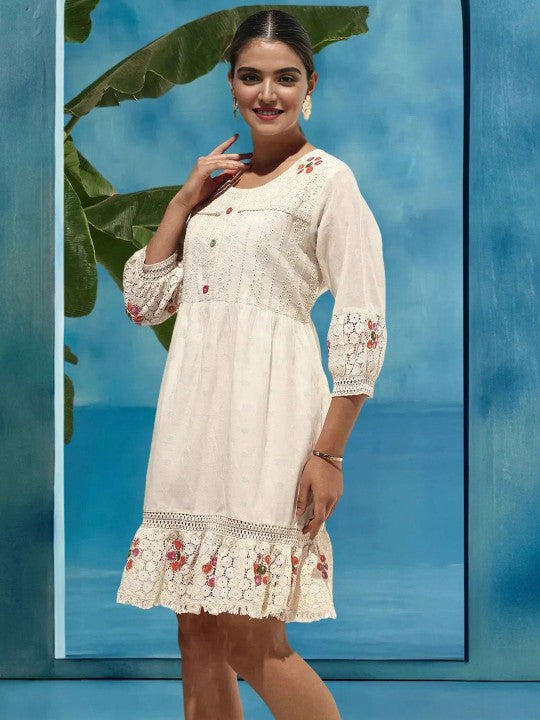 Comfy Offwhite Cotton Shiffly Fit And Flare Dress