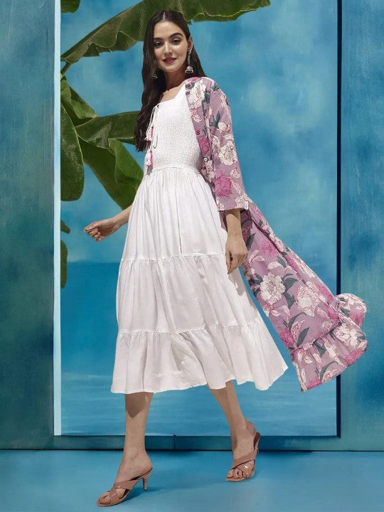Comfy White Cotton Blend Solid Tiered Dress With Floral Printed Jacket