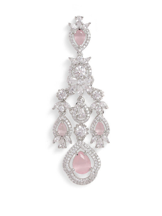 Ishin Pink Colour Silver Plated American Diamond Drop Earring