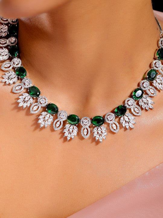 Ishin Green  Colour Silver Plated American Diamond Jewellery Set