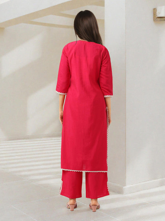 Ishin Women Pink Roman Silk 2Pcs Kurta Set