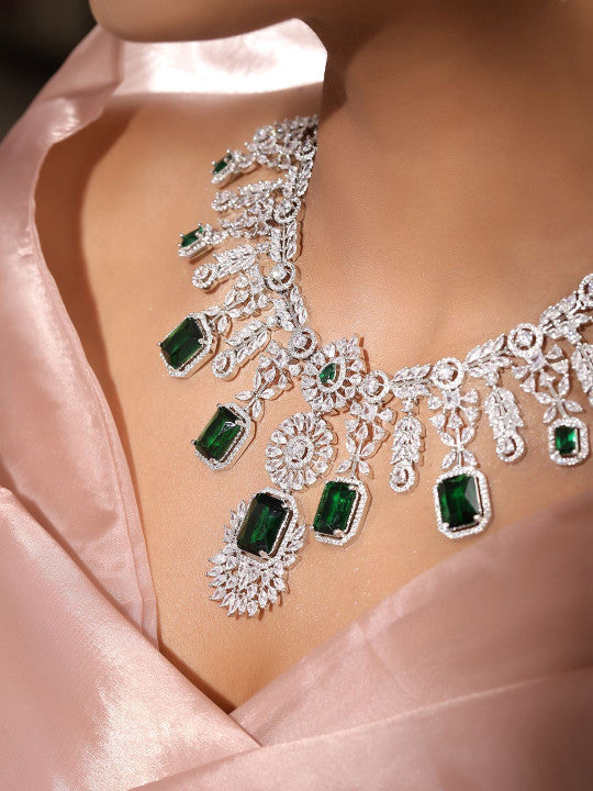 Ishin Green  Colour Silver Plated American Diamond Jewellery Set