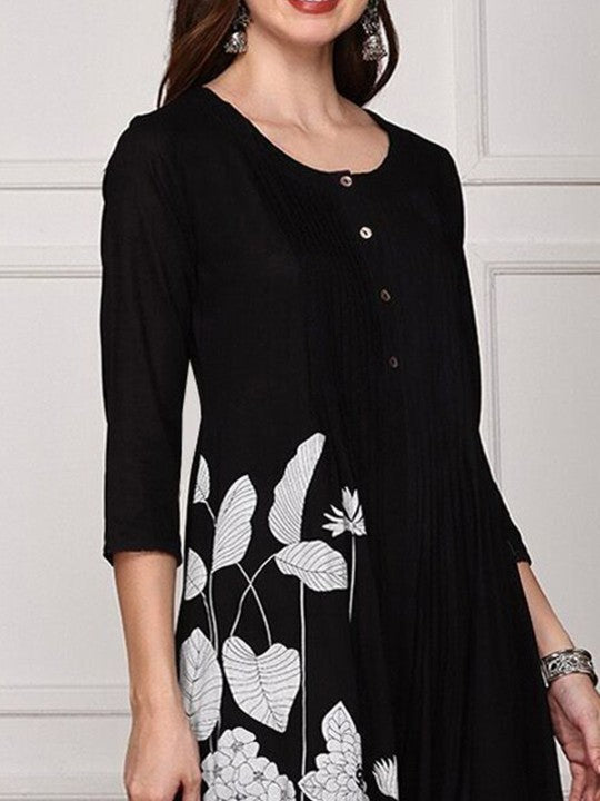 Comfy Black Viscose Rayon Floral Printed Aline Fit Kurta