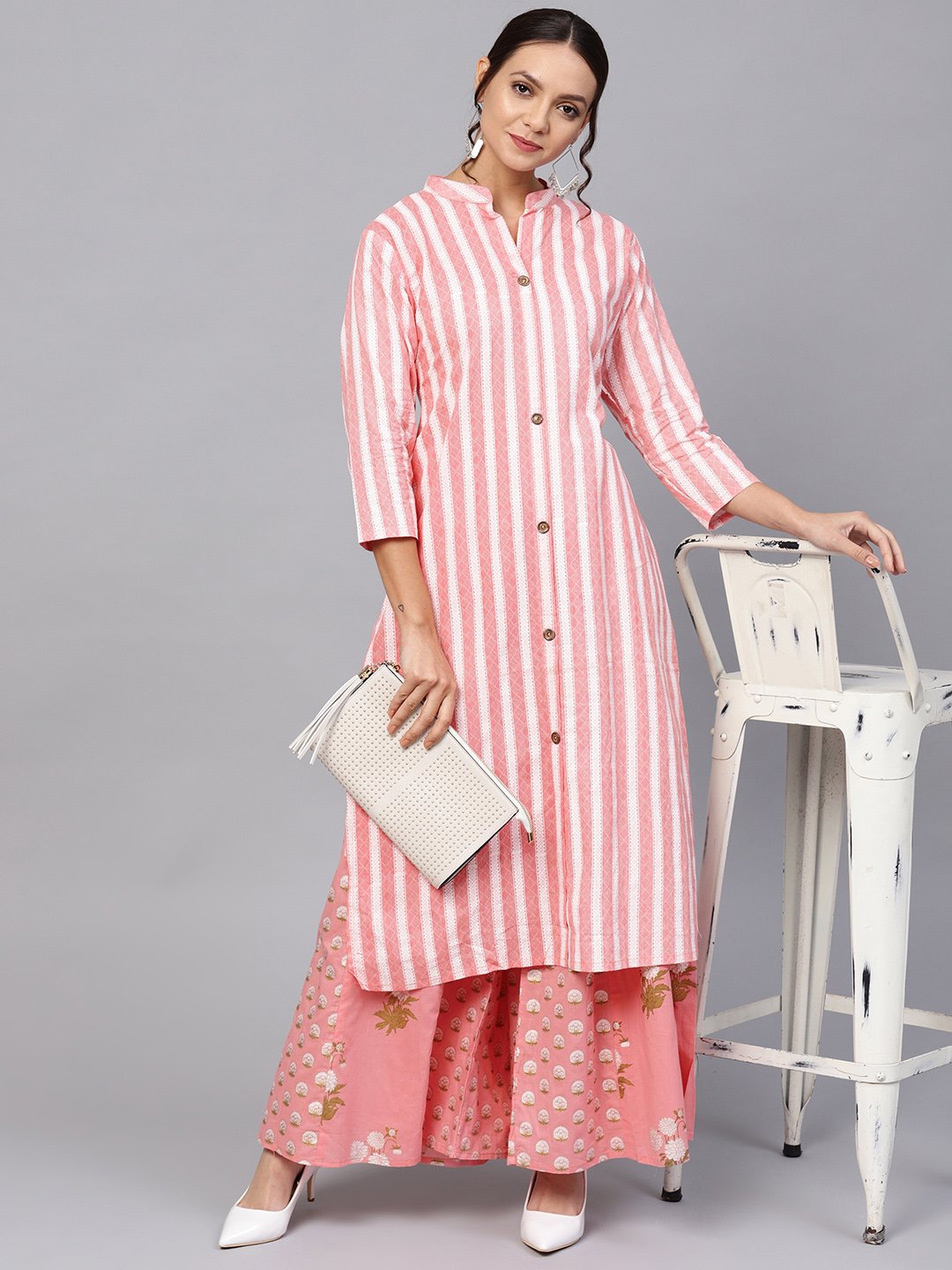 Ishin Women's Cotton Pink & Off White Printed A-Line Kurta Palazzo Set