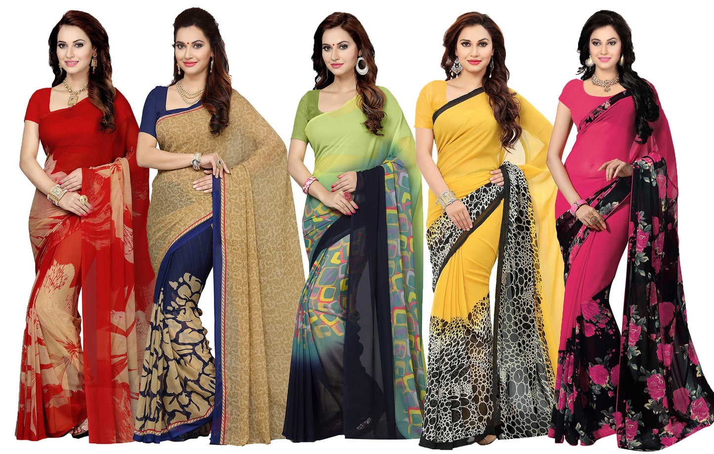 Ishin Combo of 5 Poly Georgette Multicolor Printed Women's Sarees with Blouse Piece
