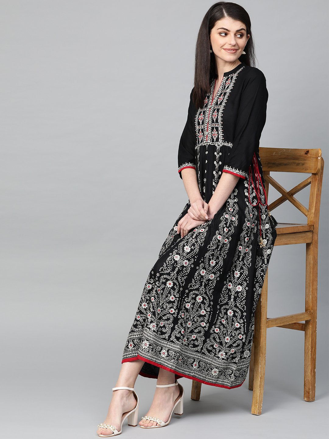 Ishin Women's Cotton Black Embellished Anarkali Dress