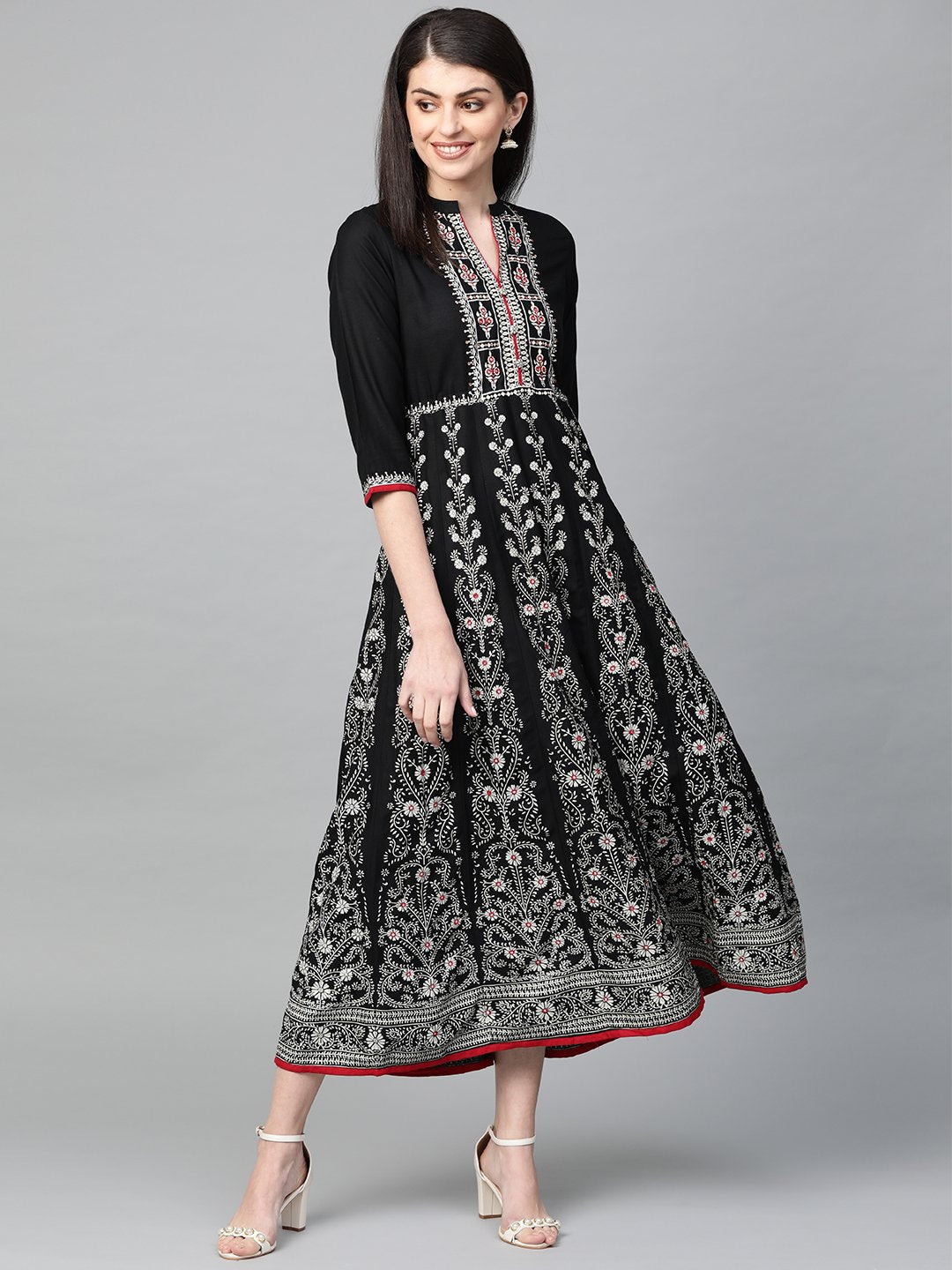 Ishin Women's Cotton Black Embellished Anarkali Dress