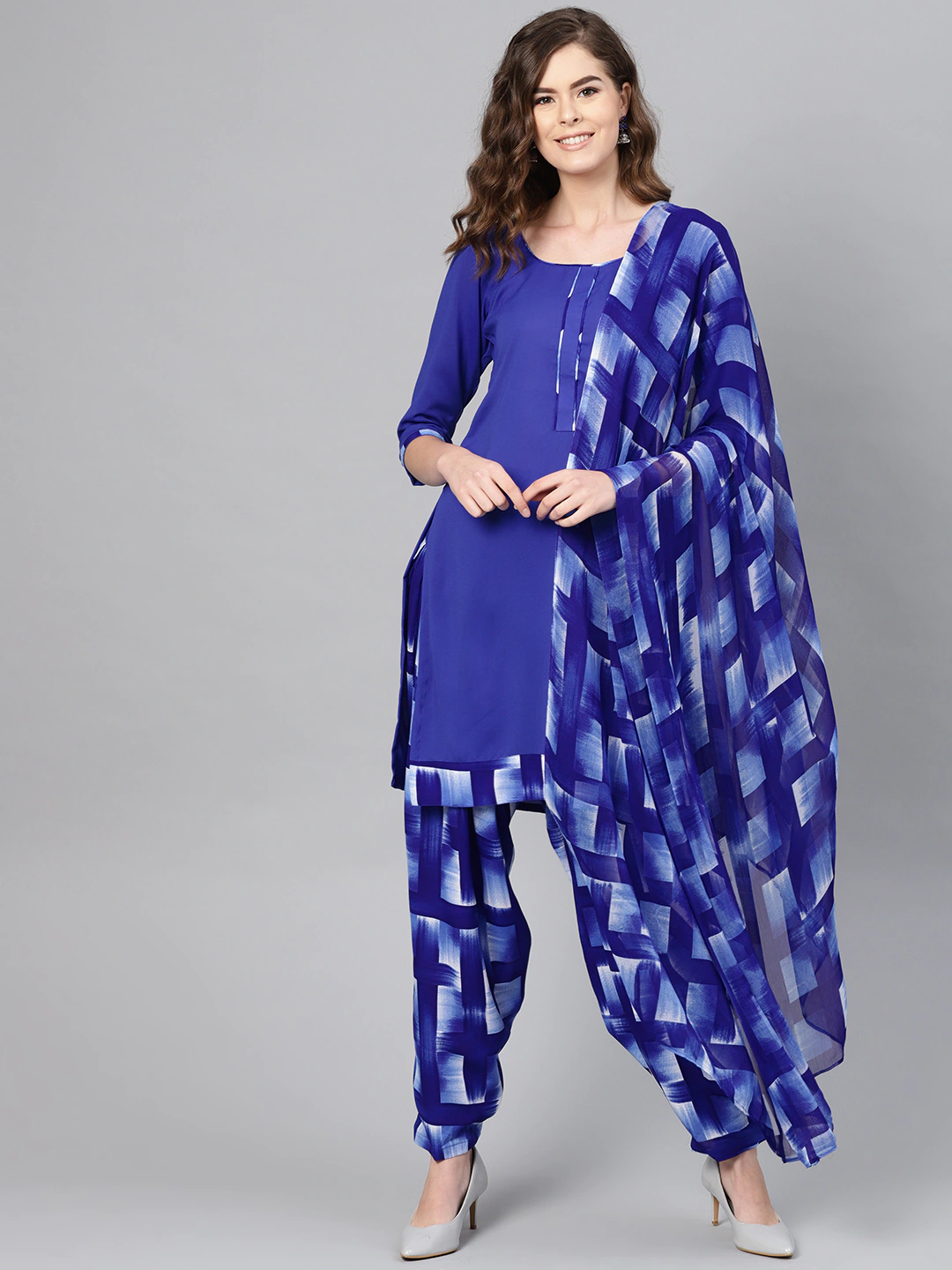 Ishin Women Blue & White Printed Unstitched Dress Material  (Un-stitched)