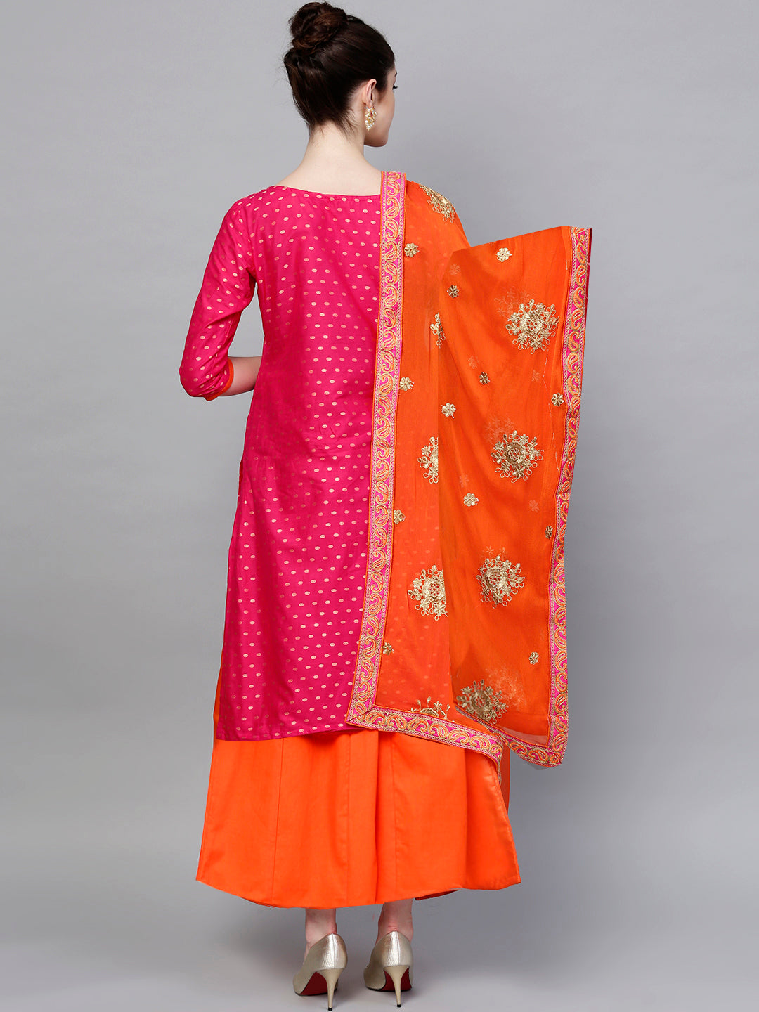 Ishin Women's Poly Cotton Pink Embroidered A-Line Kurta With Palazzo & Dupatta