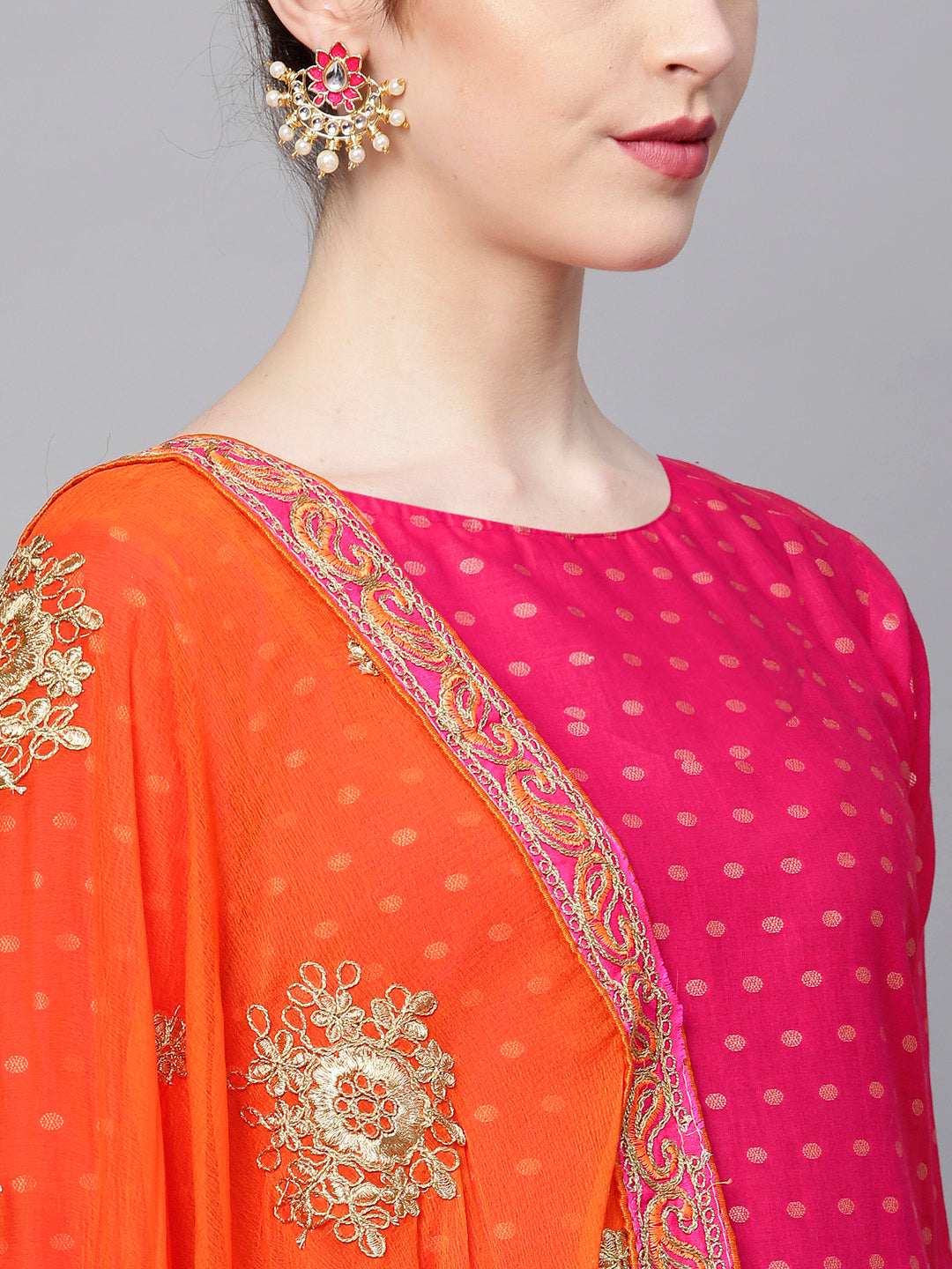 Ishin Women's Bandhani Zari Embroidered Kurta Palazzo Set - Multicolor & Red, Medium, With Dupatta