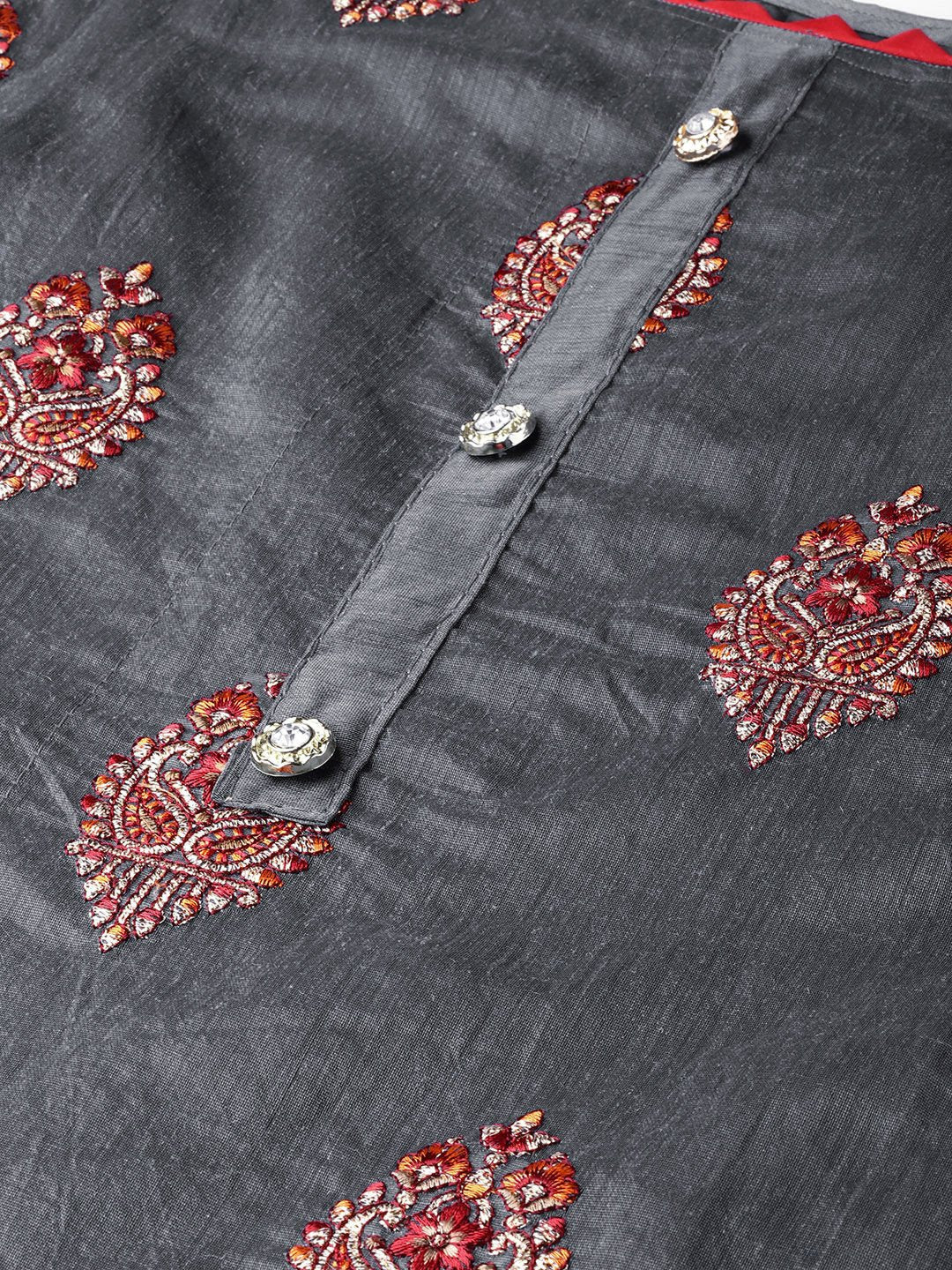 Ishin Women's Cotton Blend Grey & Red Embroidered A-Line Kurta Palazzo Dupatta Set