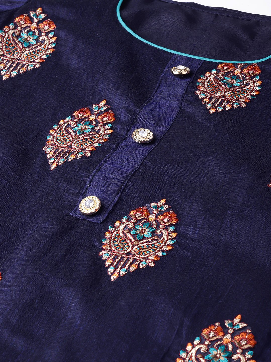 Ishin Women's Cotton Blend Navy Blue & Green Embroidered A-Line Kurta Palazzo Dupatta Set