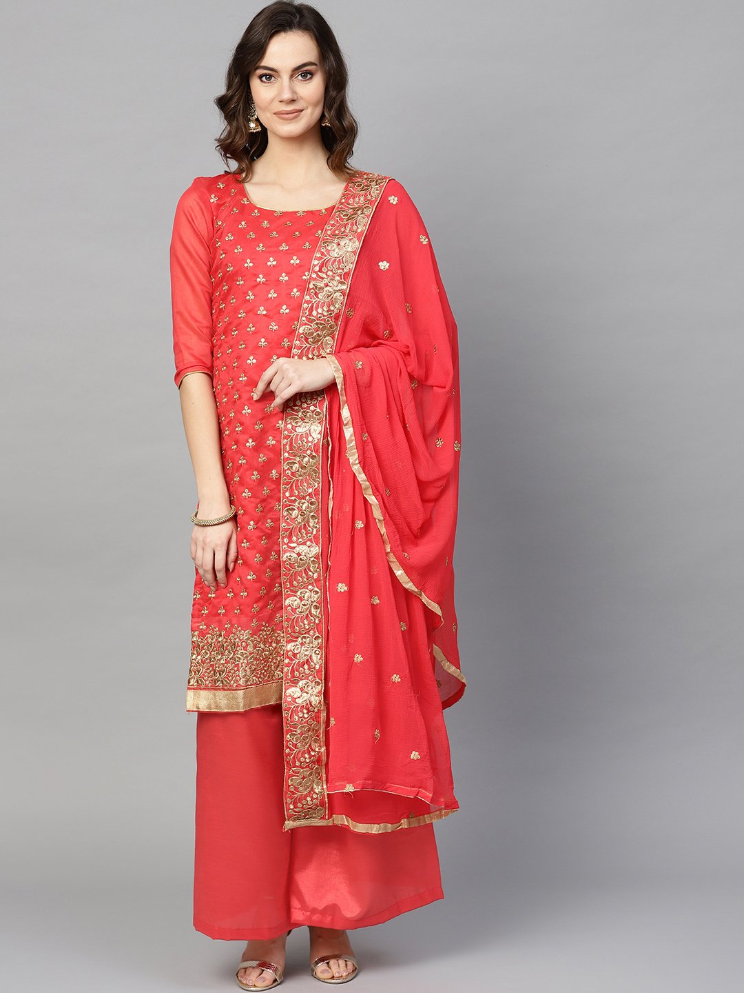 Ishin Women's Chanderi Cotton Red Embellished A-Line Kurta Palazzo Dupatta Set