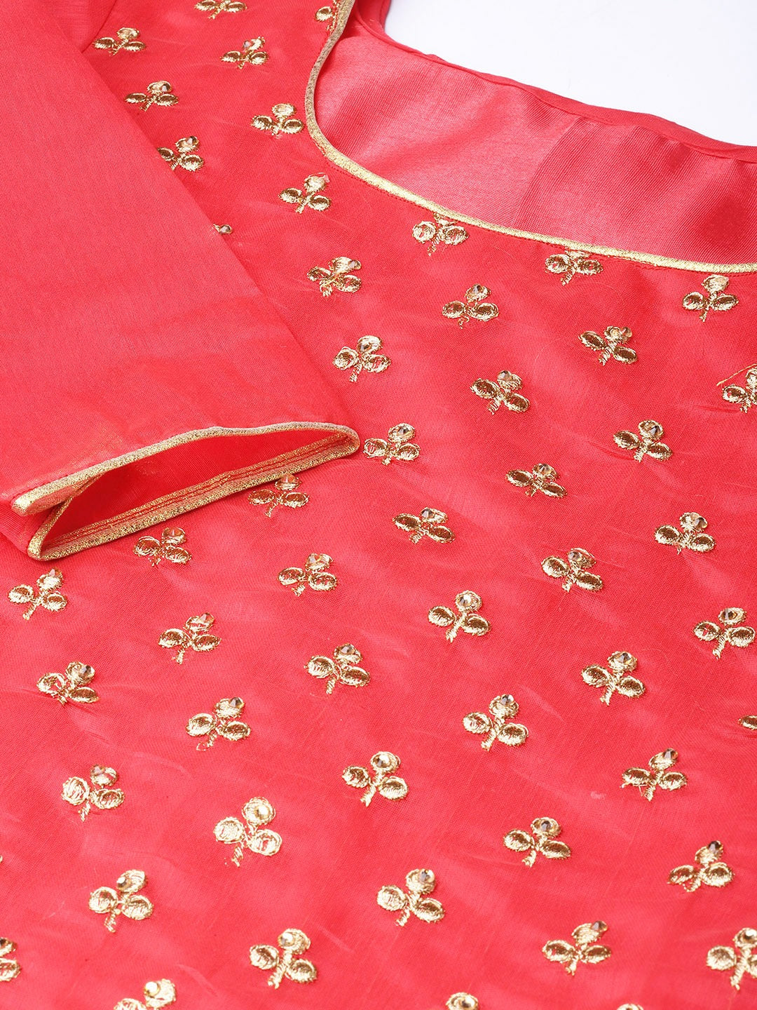 Coral Red & Golden Embellished Unstitched Dress Material