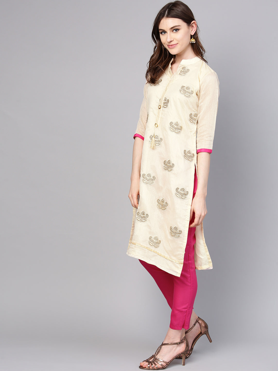 Ishin Women's Chanderi Silk Off White & Pink Embroidered A-Line Kurta With Trouser & Dupatta