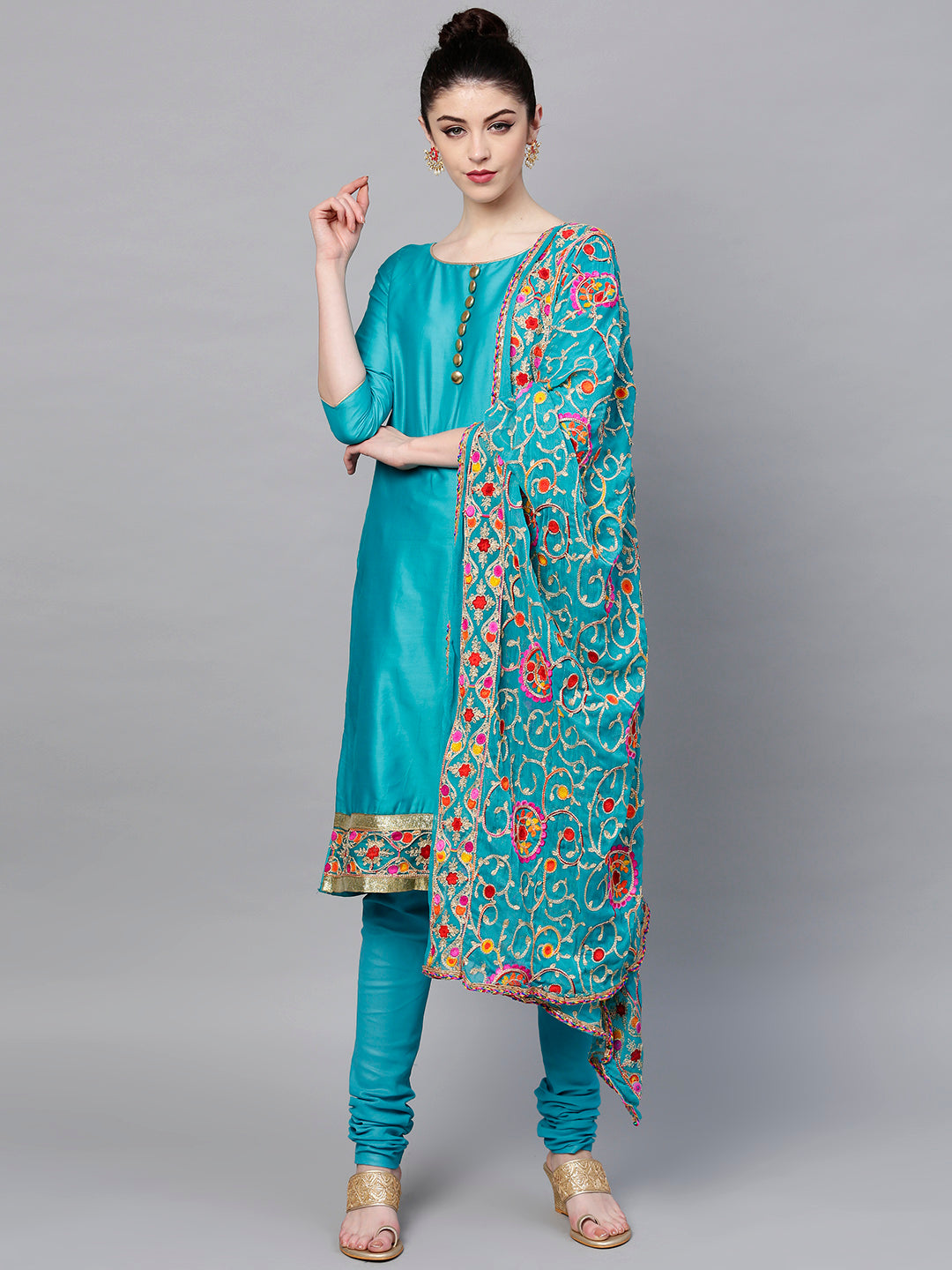 Ishin Women's Poly Cotton Blue Embroidered A-Line Kurta With Churidar & Dupatta