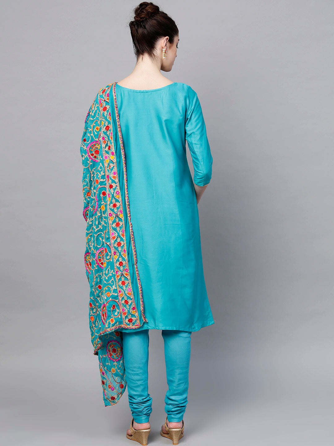 Ishin Women's Poly Cotton Blue Embroidered A-Line Kurta With Churidar & Dupatta